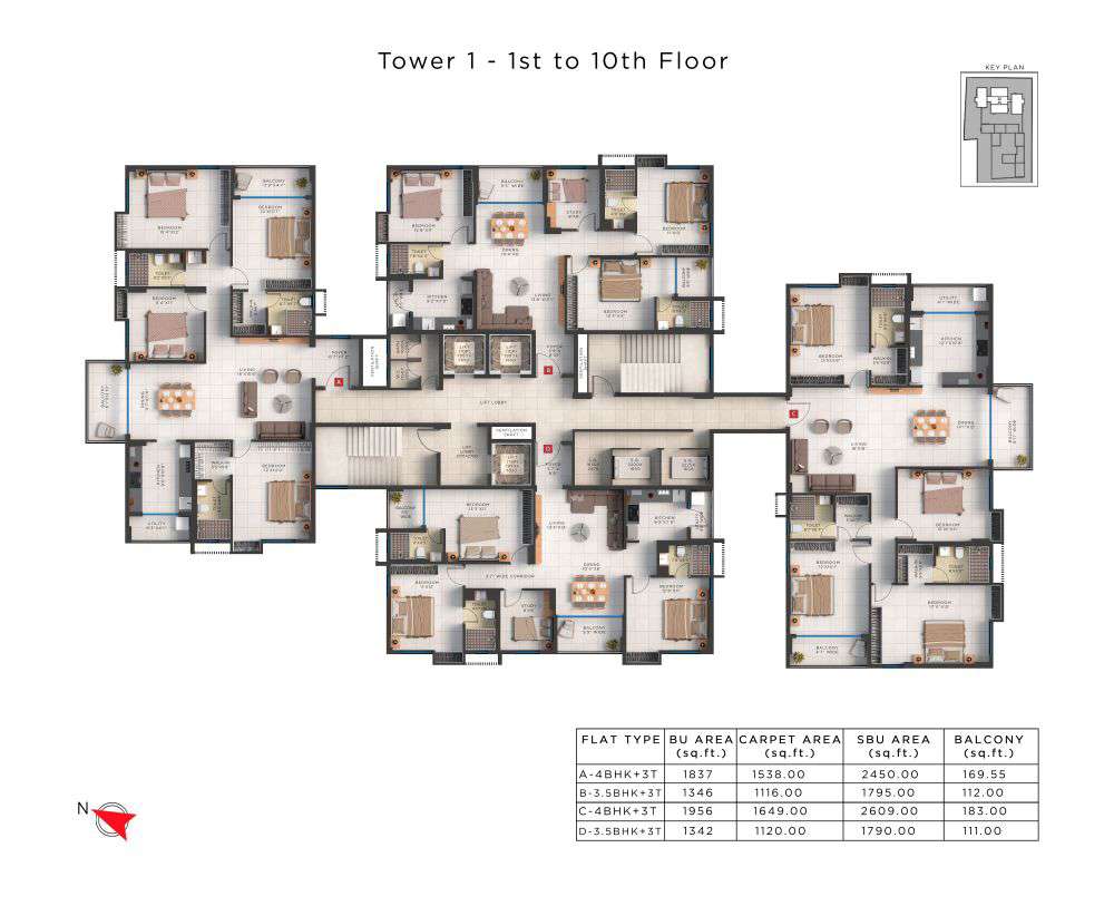 Tower 1 : 1st, 2nd, 4th, 5th, 7th, 8th, 9th, 10th (Typical Floor)