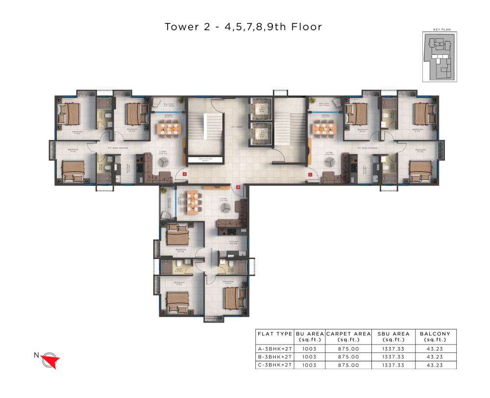 Tower 2 : 4th, 5th, 7th, 8th, 9th (Typical Floor)