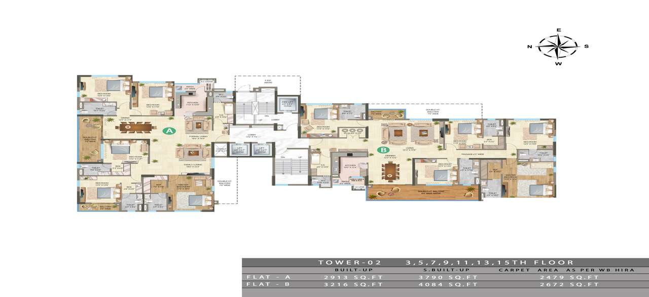 TOWER- 02 : 3rd, 5th, 7th, 9th, 11th, 13th & 15th Floor Plans