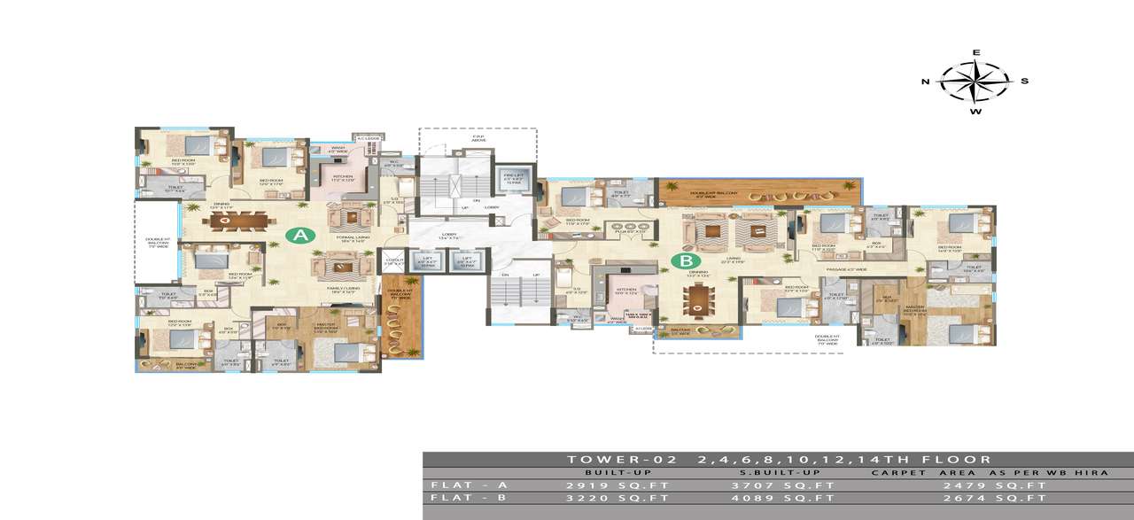 TOWER- 02 : 2nd, 4th, 6th, 8th, 10th, 12th & 14th Floor Plans