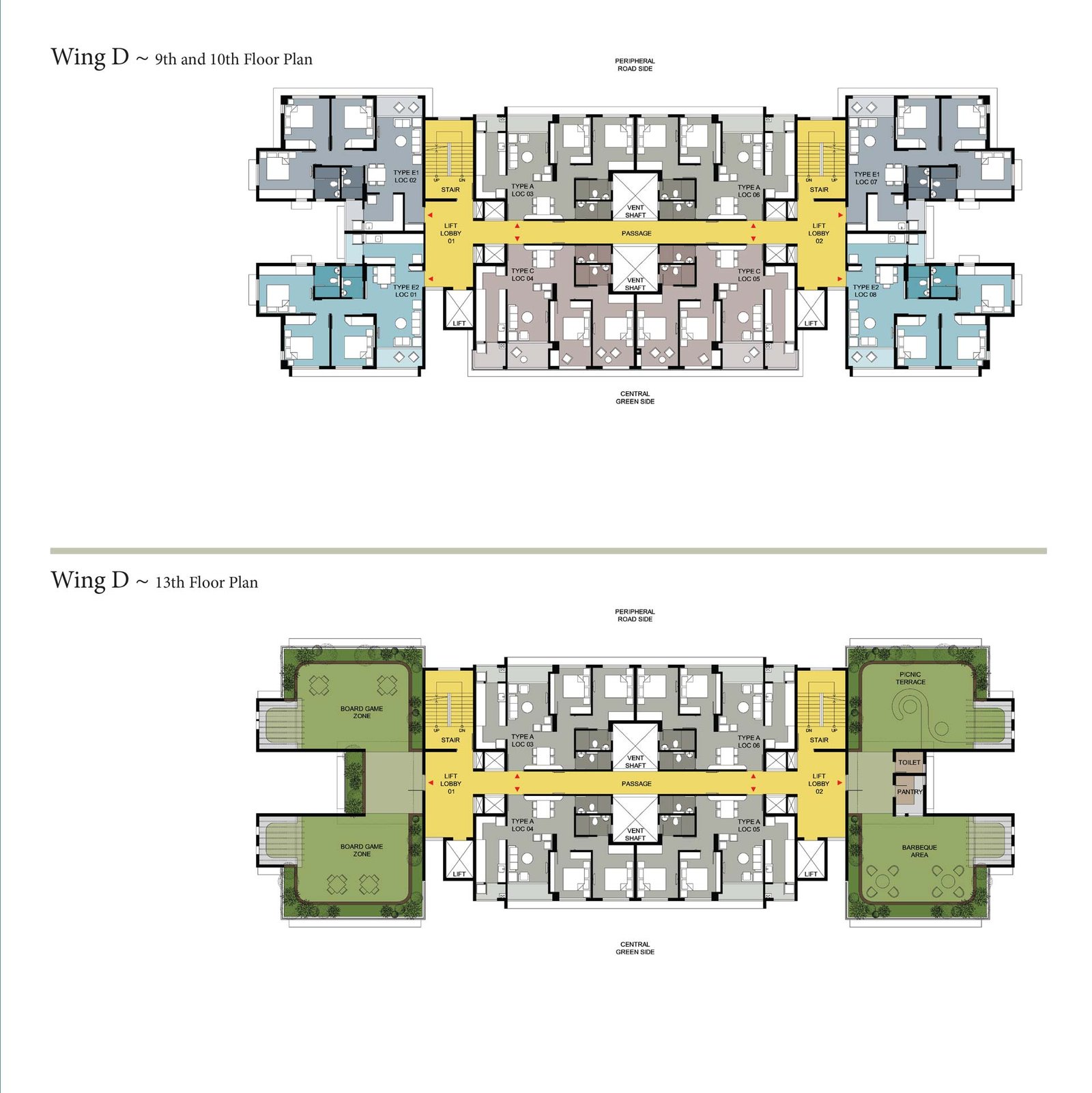 Wing D : 9th, 10th and 13th Floor Plan
