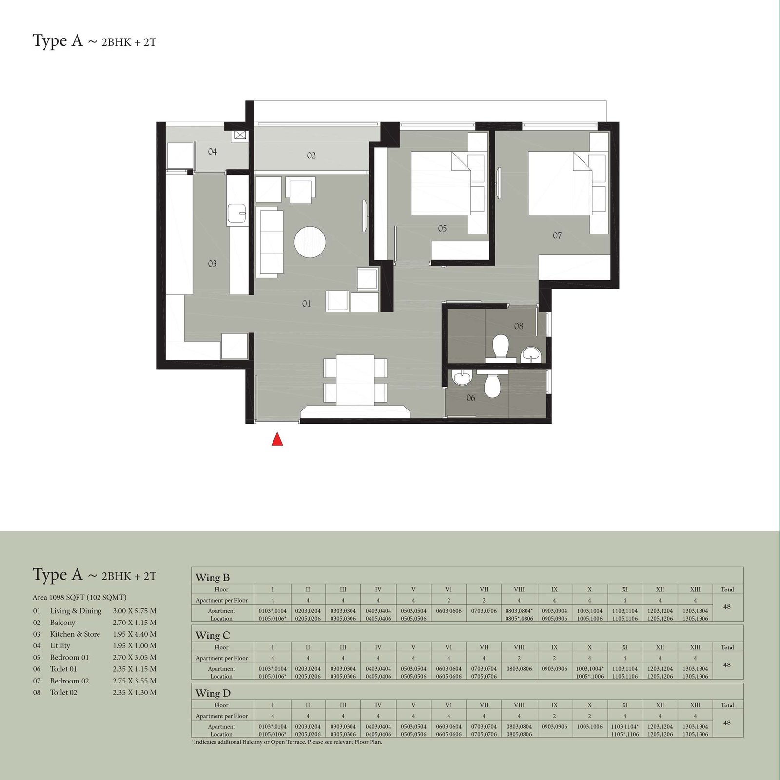 Type A : 2BHK + 2T