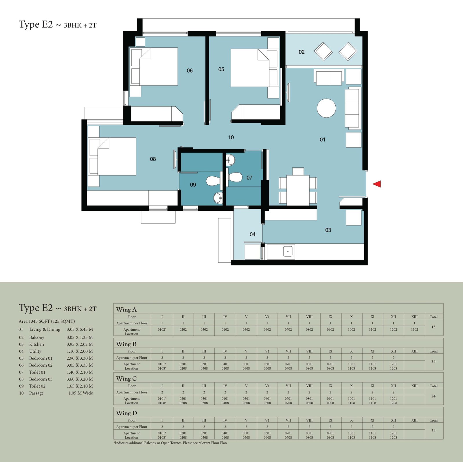Type E2 : 3BHK + 2T