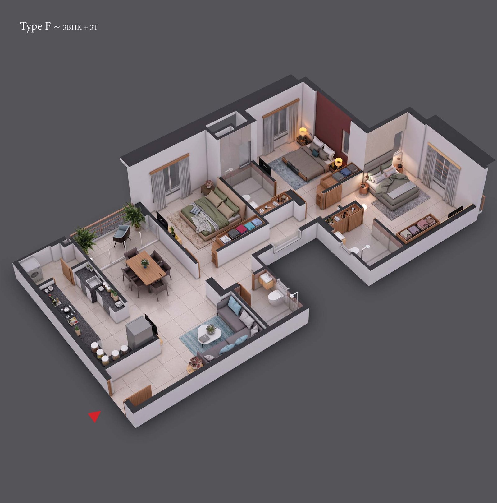 Type F : 3BHK + 3T