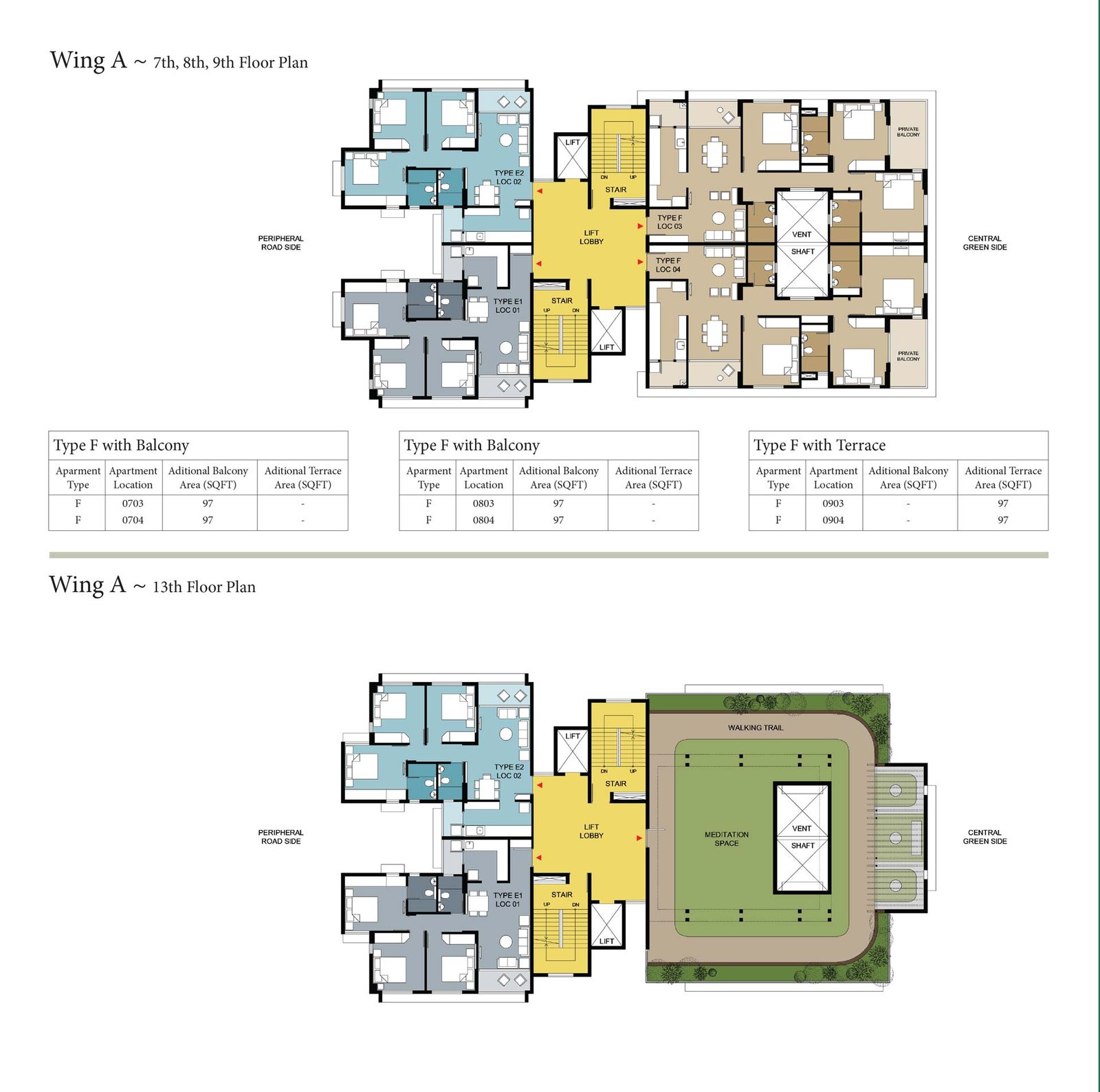 Wing A : 7th, 8th, 9th and 13th Floor Plan